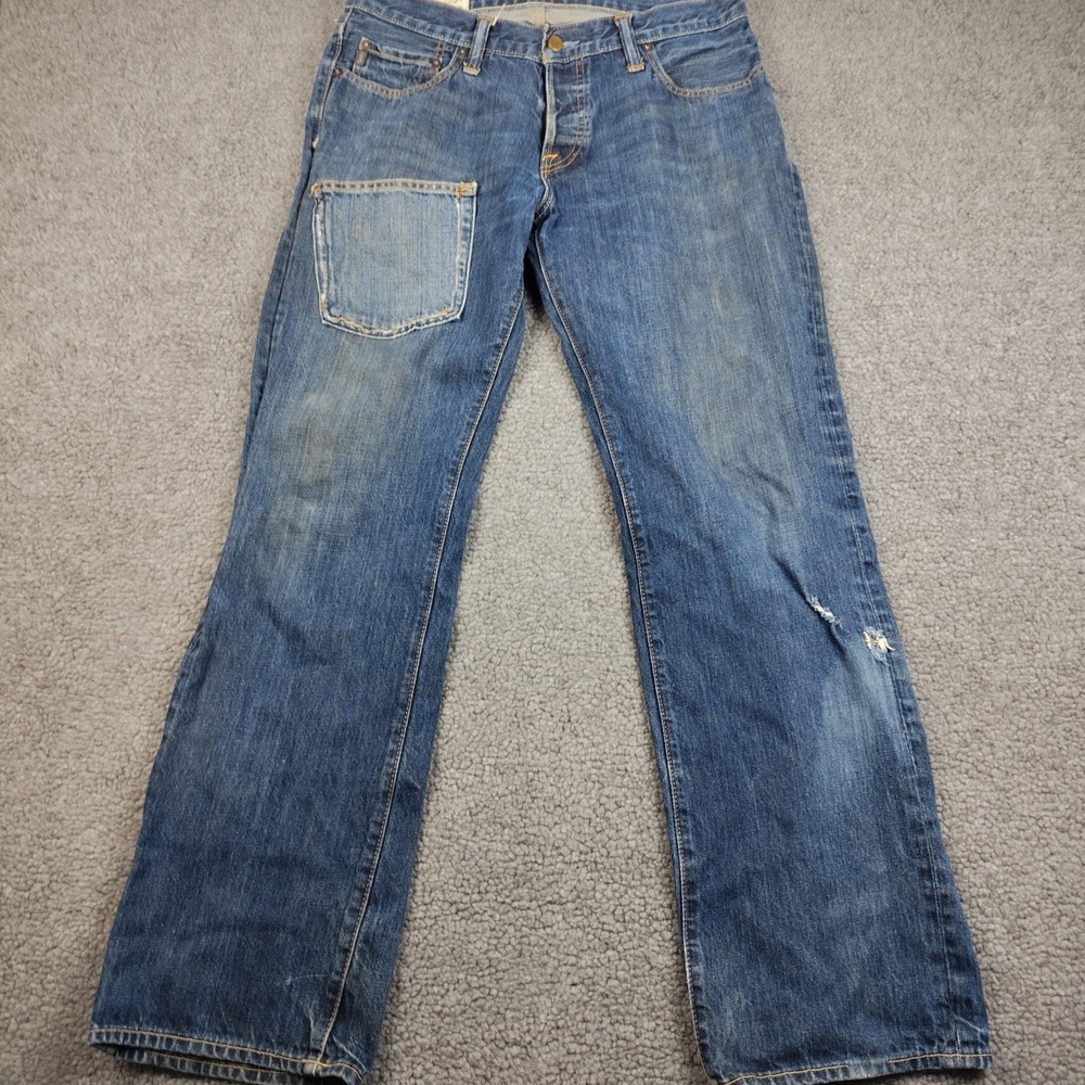 Abercrombie & Fitch Jeans Mens 34x32 Straight Blue Distressed Patchwork Thrashed
